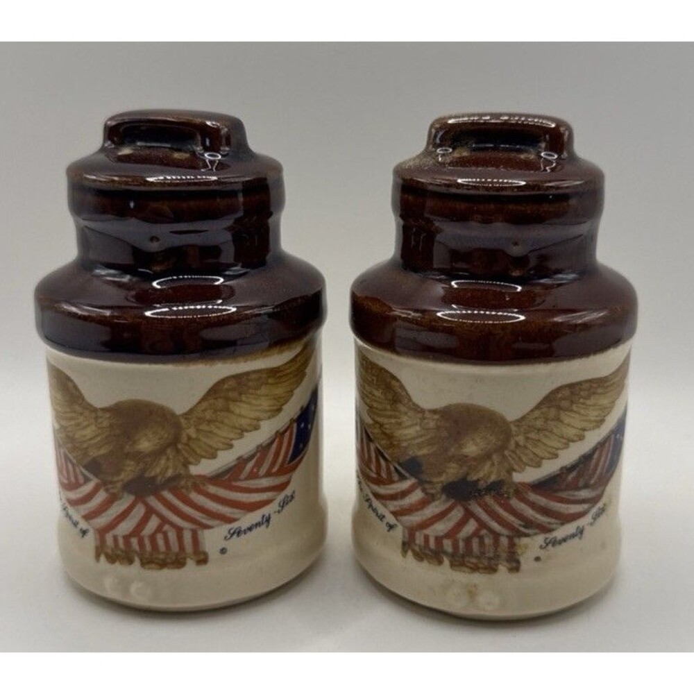 The Spirit of Seventy Six Ceramic Salt & Pepper Shakers Vintage Flag & Eagle